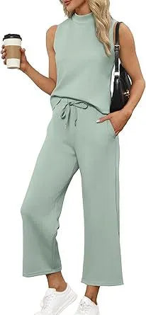 Sleeveless Mock Neck Top & Wide Leg Pants Casual Two-Piece Set