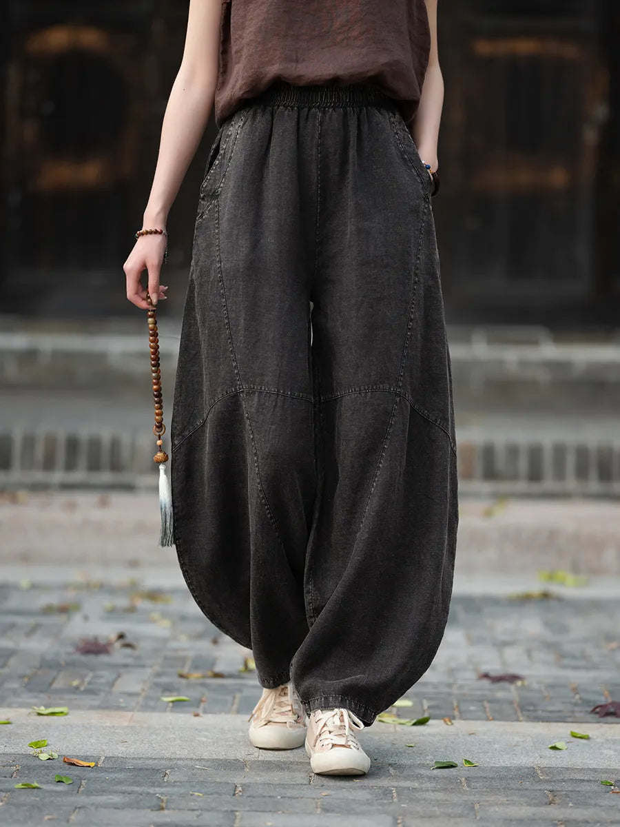 Matching Flowy Linen Elastic Drawstring Waist Spliced Retro Zen Loose Harem Long Casual Daily Outfit Pants