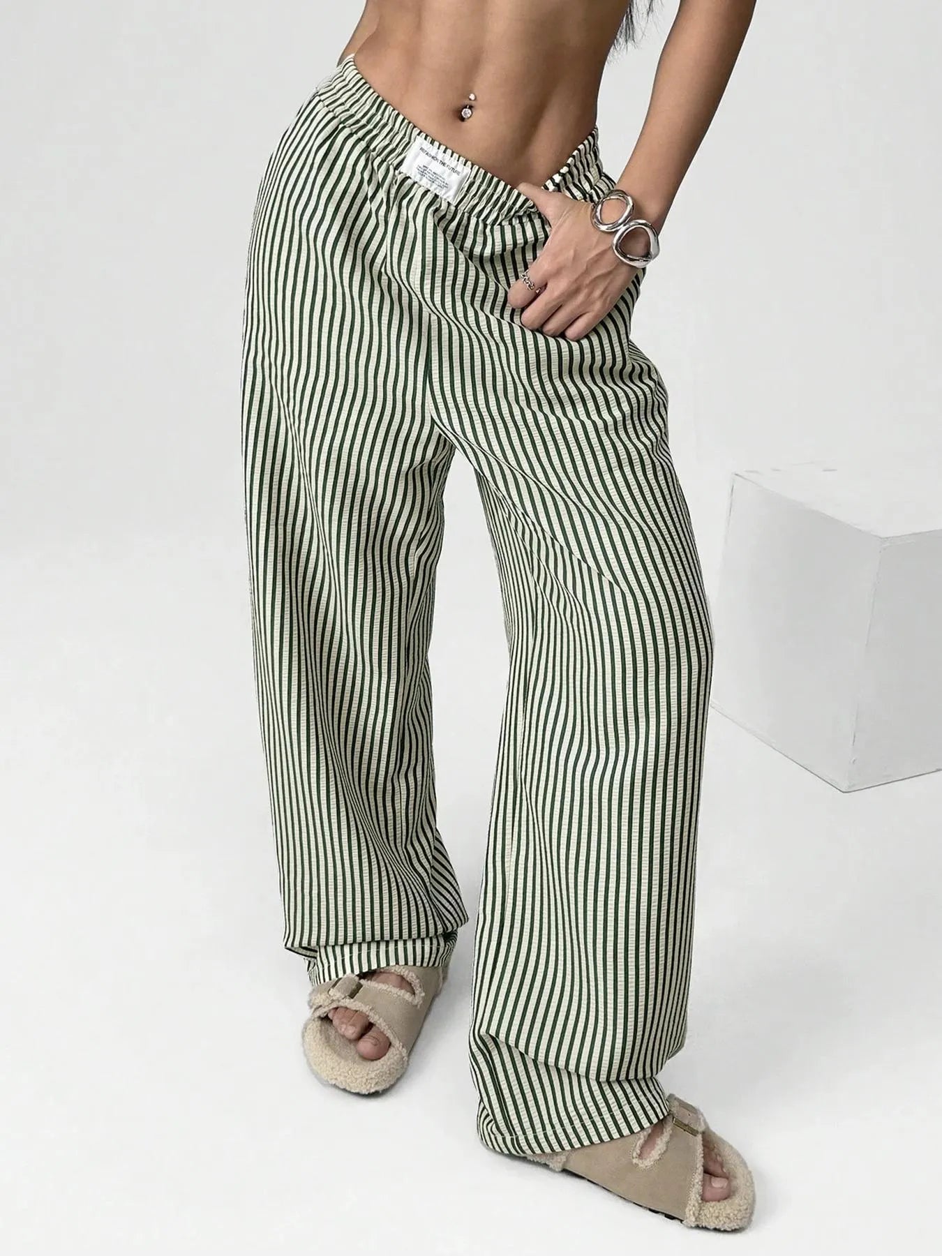 Striped Elastic Waist Straight Leg Casual Long Pants