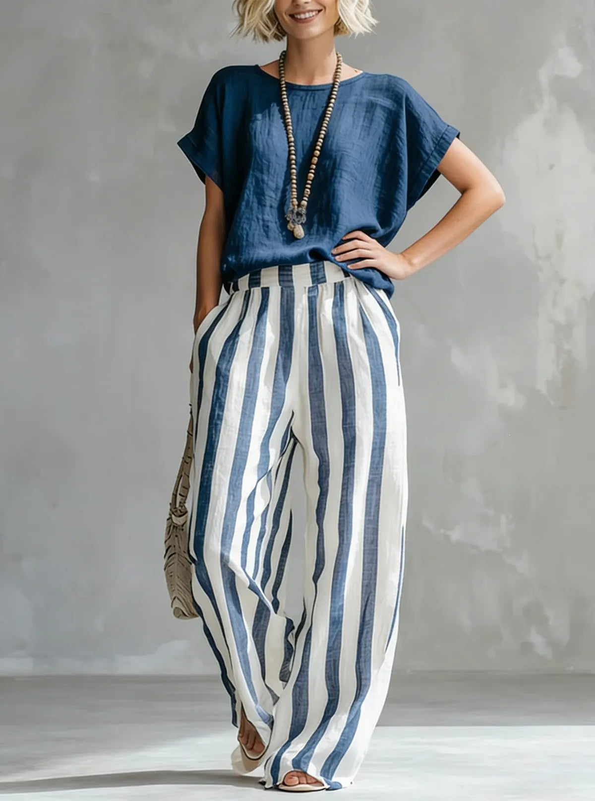 Solid Color Short-Sleeve Top & Striped Wide-Leg Pants Set