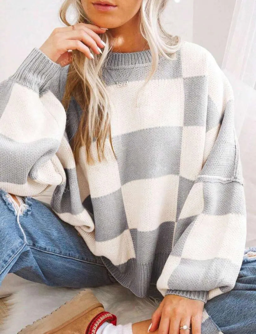 Checkerboard Color Block Crew Neck Loose Pullover Sweater