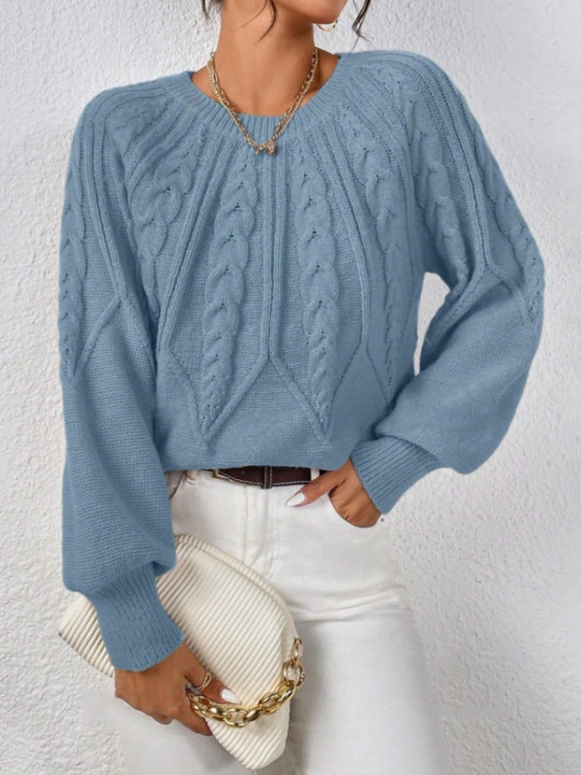 Crew Neck Cable Knit Sweater, Long Lantern Sleeve Loose Solid Pullover