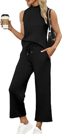 Sleeveless Mock Neck Top & Wide Leg Pants Casual Two-Piece Set