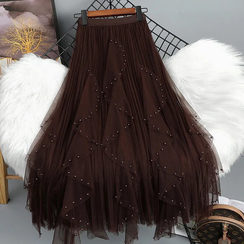 Pearl Beaded Asymmetrical Tulle Maxi Skirt