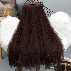 Pearl Beaded Asymmetrical Tulle Maxi Skirt