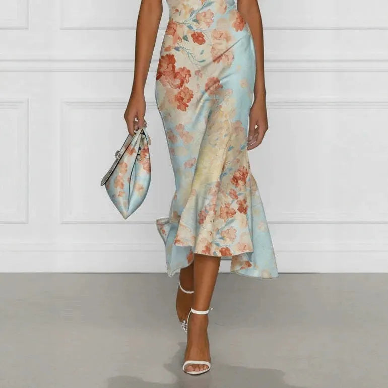 Floral Print Off Shoulder Short Sleeve Mid Waist Slim Mermaid Midi Dress