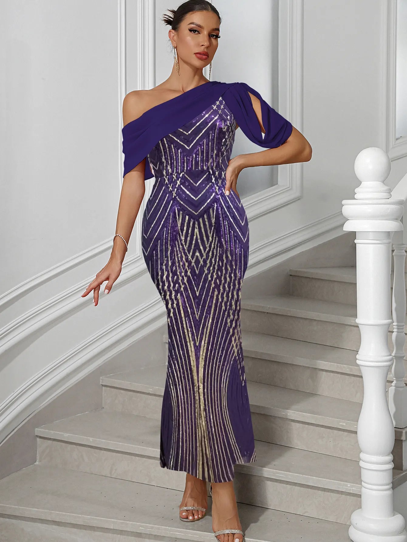 One Shoulder Sequin Mermaid Evening Gown