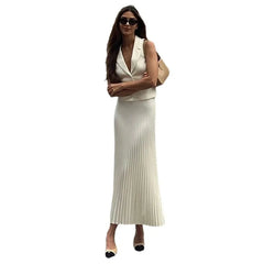 Sleeveless Blazer Vest & Pleated Midi Skirt 2 Piece Set