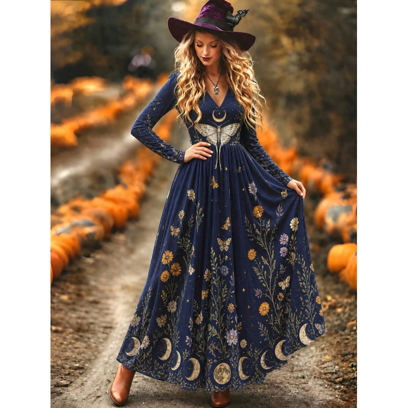 Bohemian Moon & Wildflower Print Long Dress, Deep V Neck Butterfly Moth Long Sleeve Gown