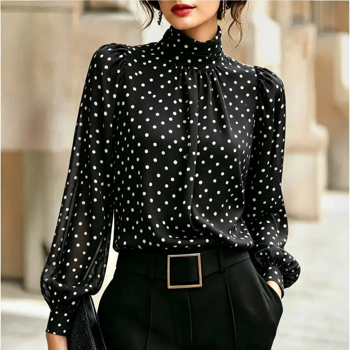 Leopard Print Semi Turtleneck Lantern Long Sleeve Blouse