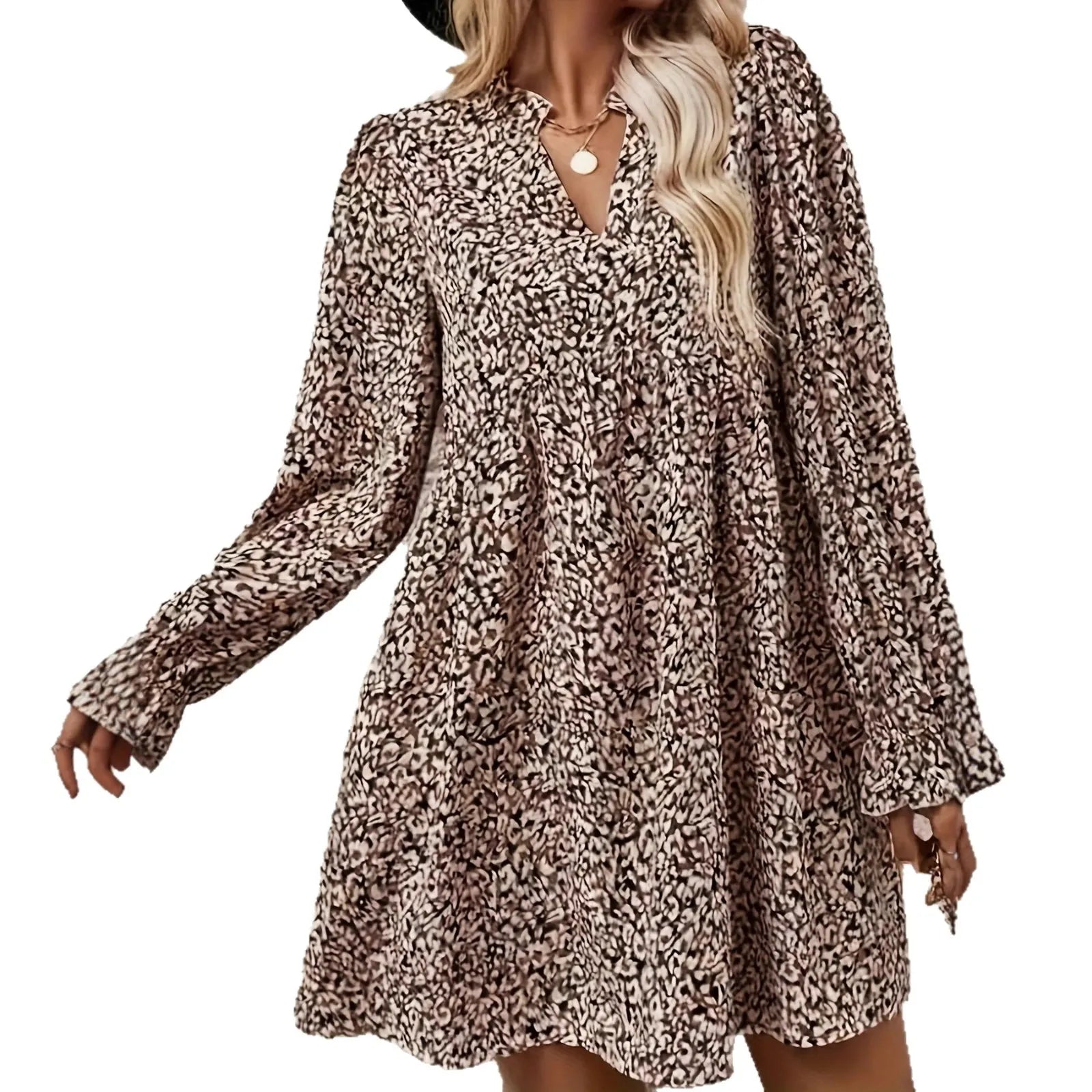 Abstract Print V Neck Long Sleeve Pleated A-Line Mini Dress