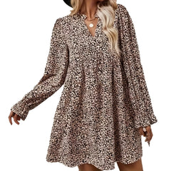Abstract Print V Neck Long Sleeve Pleated A-Line Mini Dress