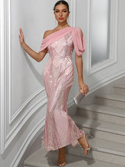 One Shoulder Sequin Mermaid Evening Gown
