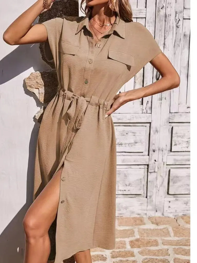 Green Tie-Waist Button-Front Shirt Maxi Dress