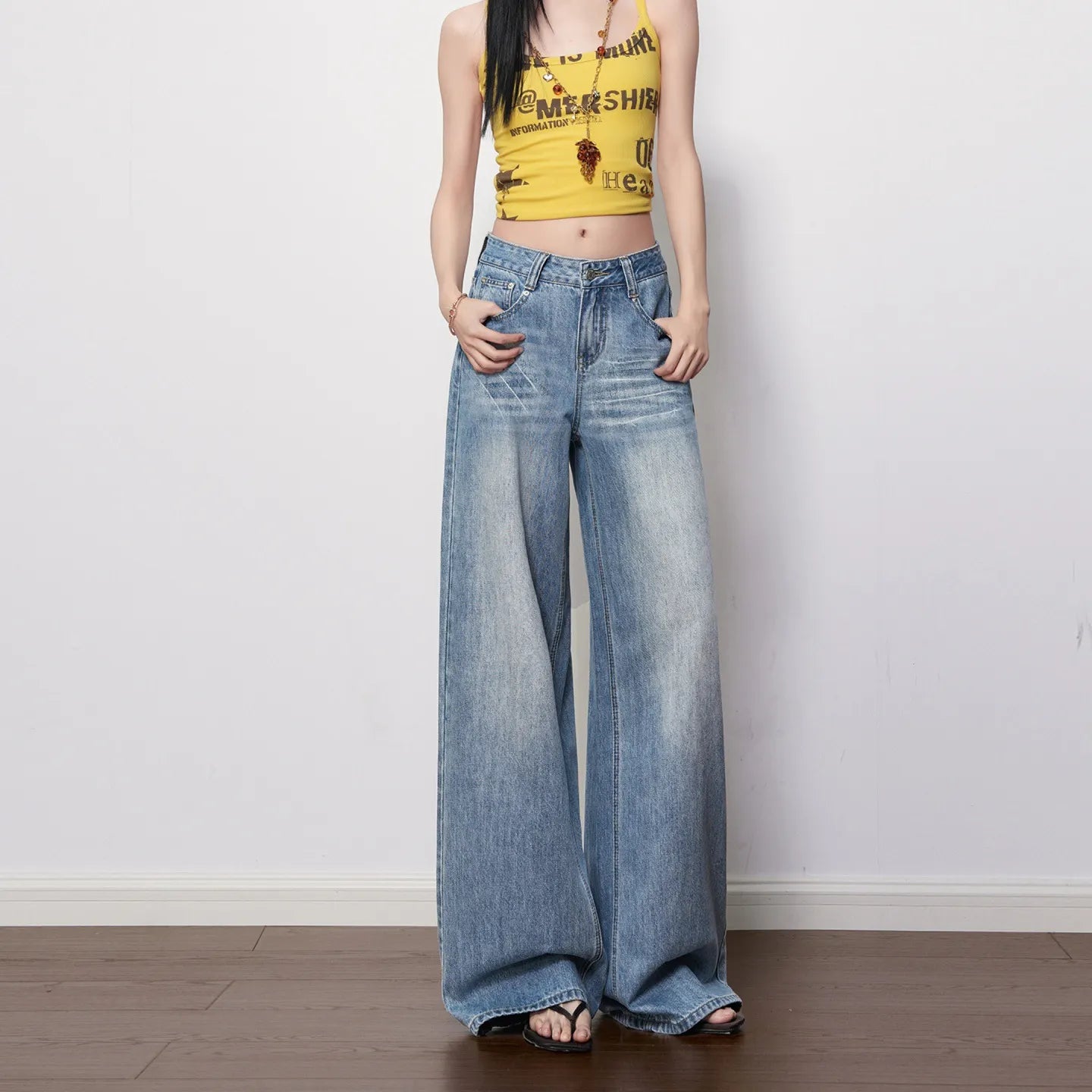 Ultra Low Waist Non-Stretch Retro Wide Leg Denim Jeans