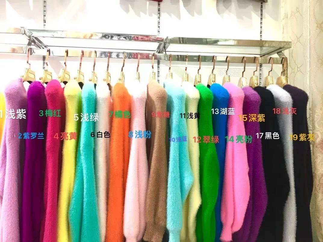 Bright Orange Furry V Neck Sweater Ladies Balloon Sleeve Soft Casual Fall Knit Top