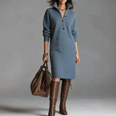 Collared Henley Button Front Loose Sweater Dress