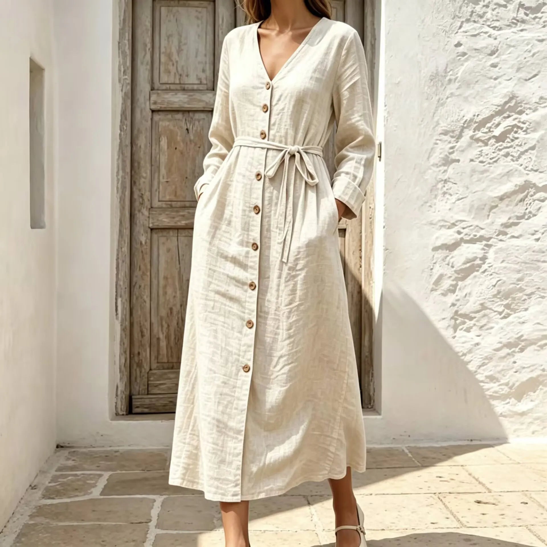 V Neck Long Sleeve Lace-Up Cotton Linen A-Line Maxi Dress