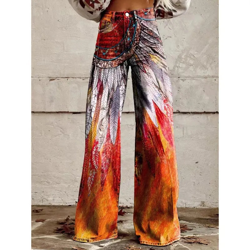 High Waist Western Cowboy Horse Print Wide Leg Pants