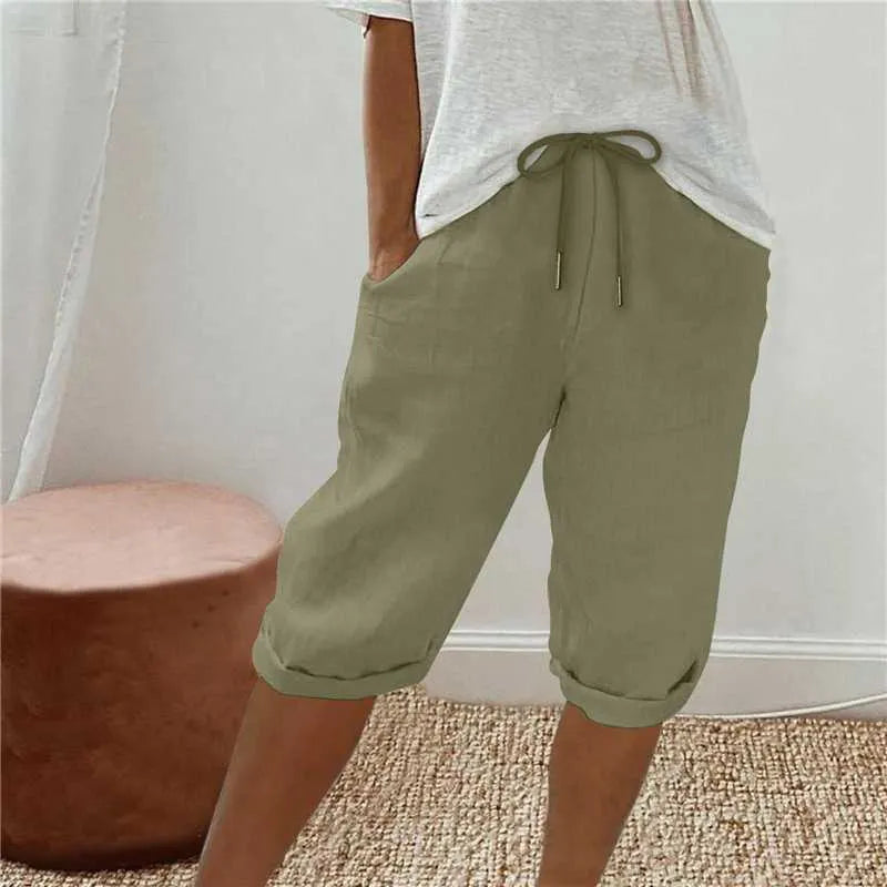 Cotton Linen Drawstring Waist Capri Pants,