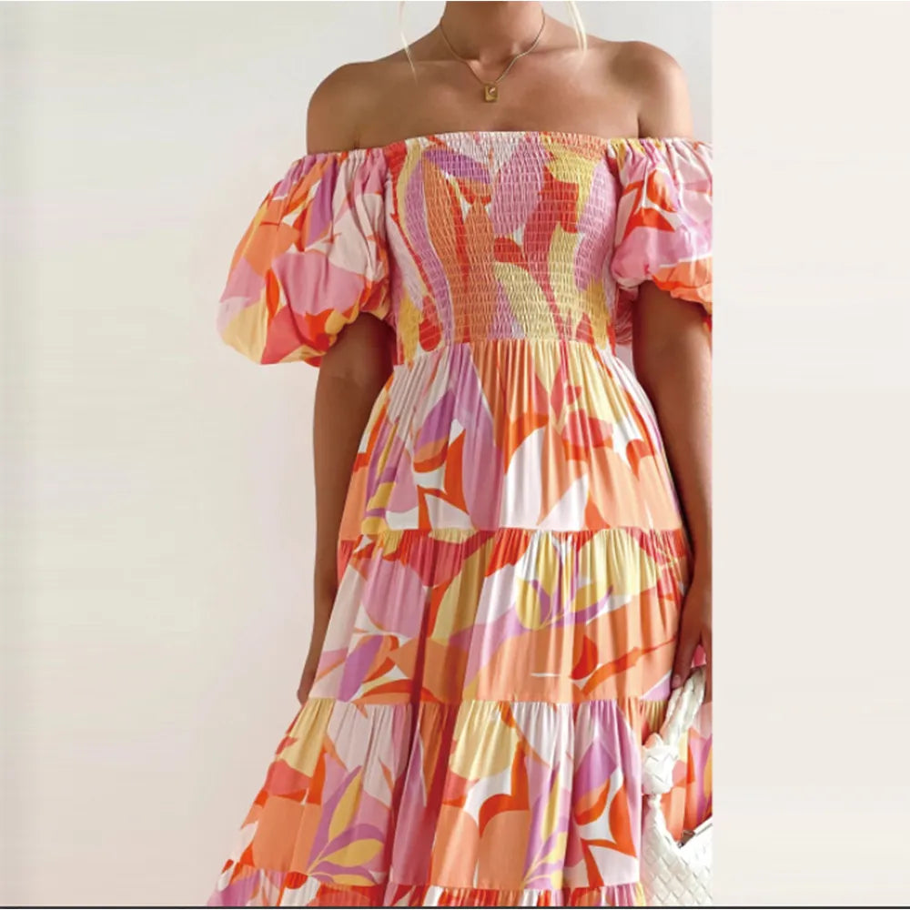 Abstract Print Off-Shoulder Maxi Dress