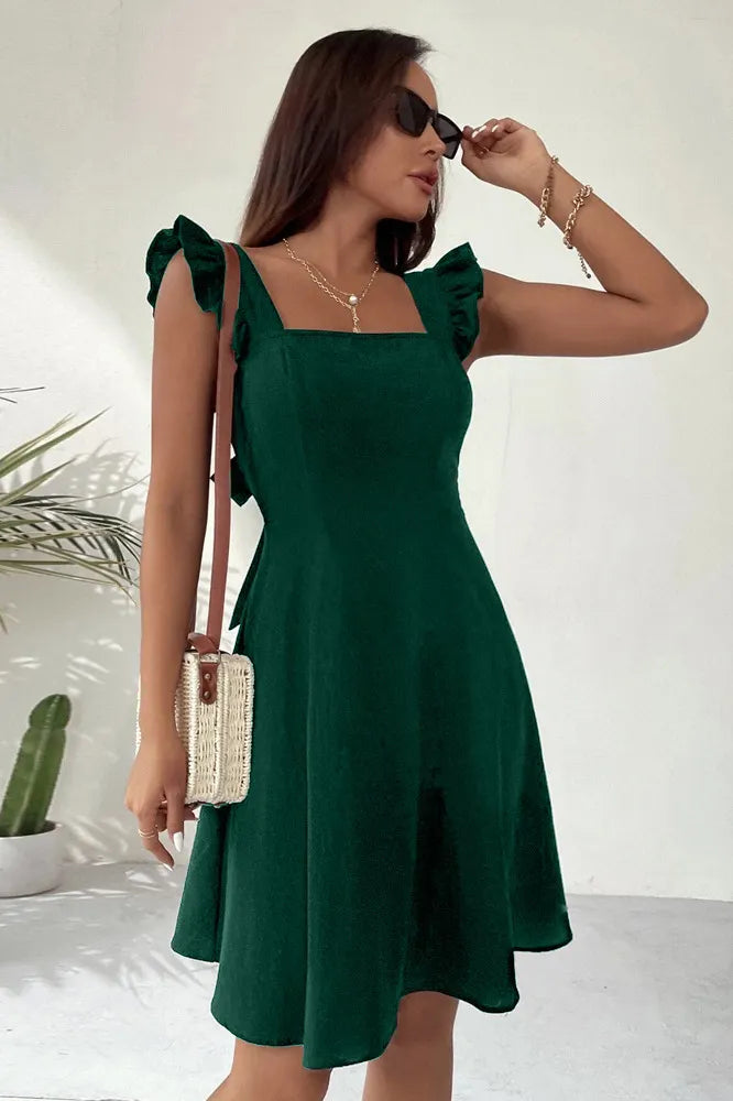 Solid Square Neck Ruffle Strap Flare Mini Dress