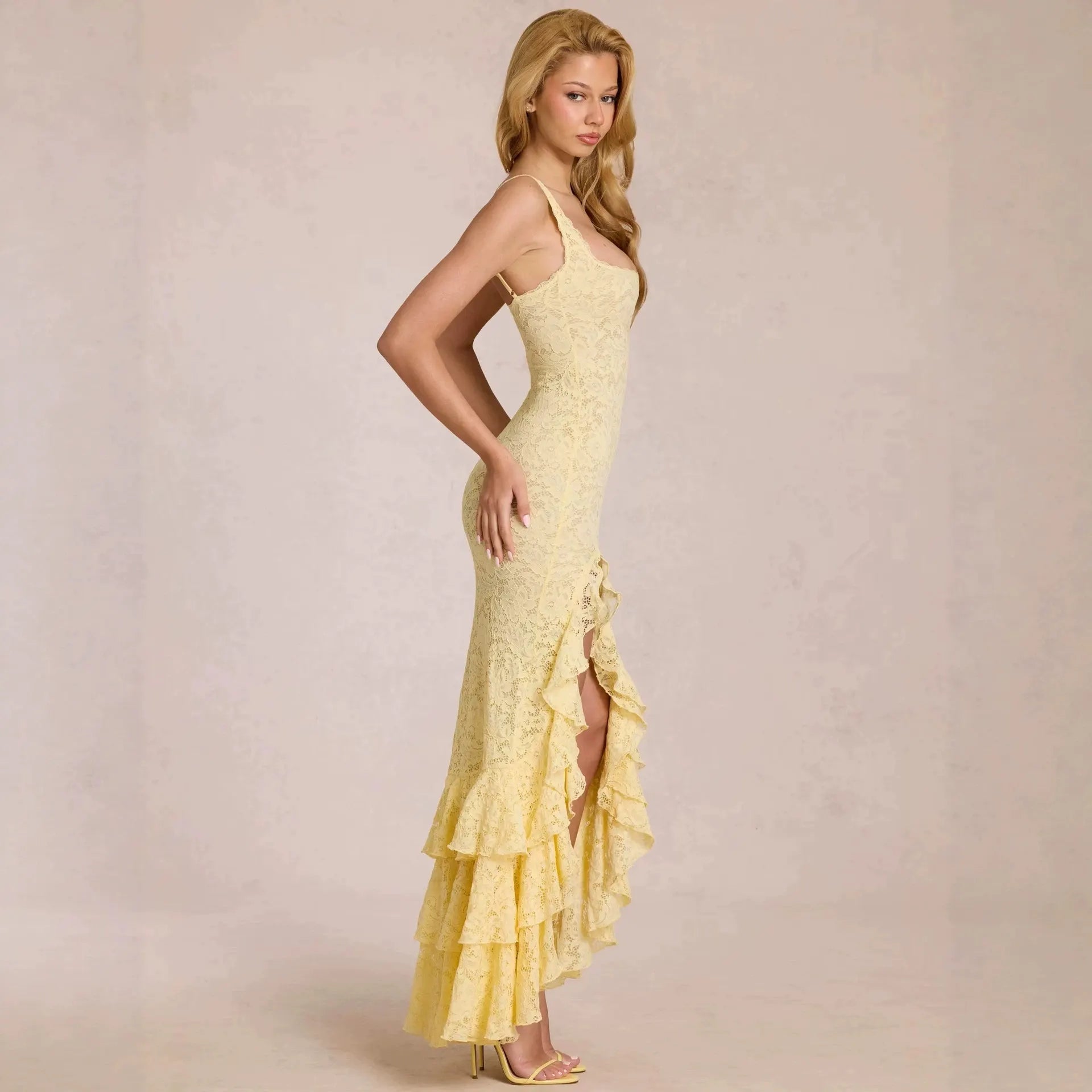 Square Neck Lace Spaghetti Strap High Slit Mermaid Maxi Dress