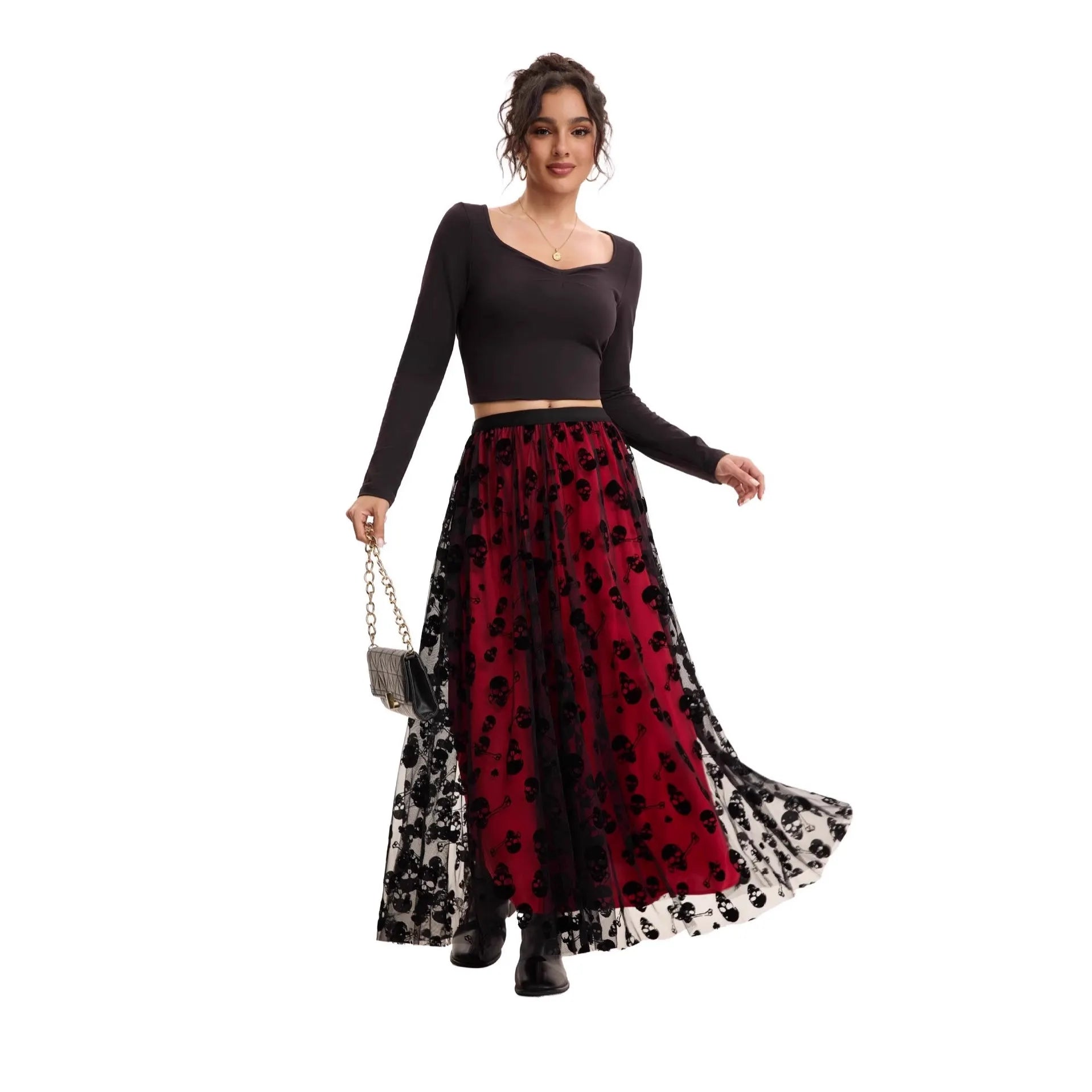Halloween Red Base Skull Flocking Tulle Layered Midi Skirt