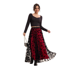 Halloween Red Base Skull Flocking Tulle Layered Midi Skirt