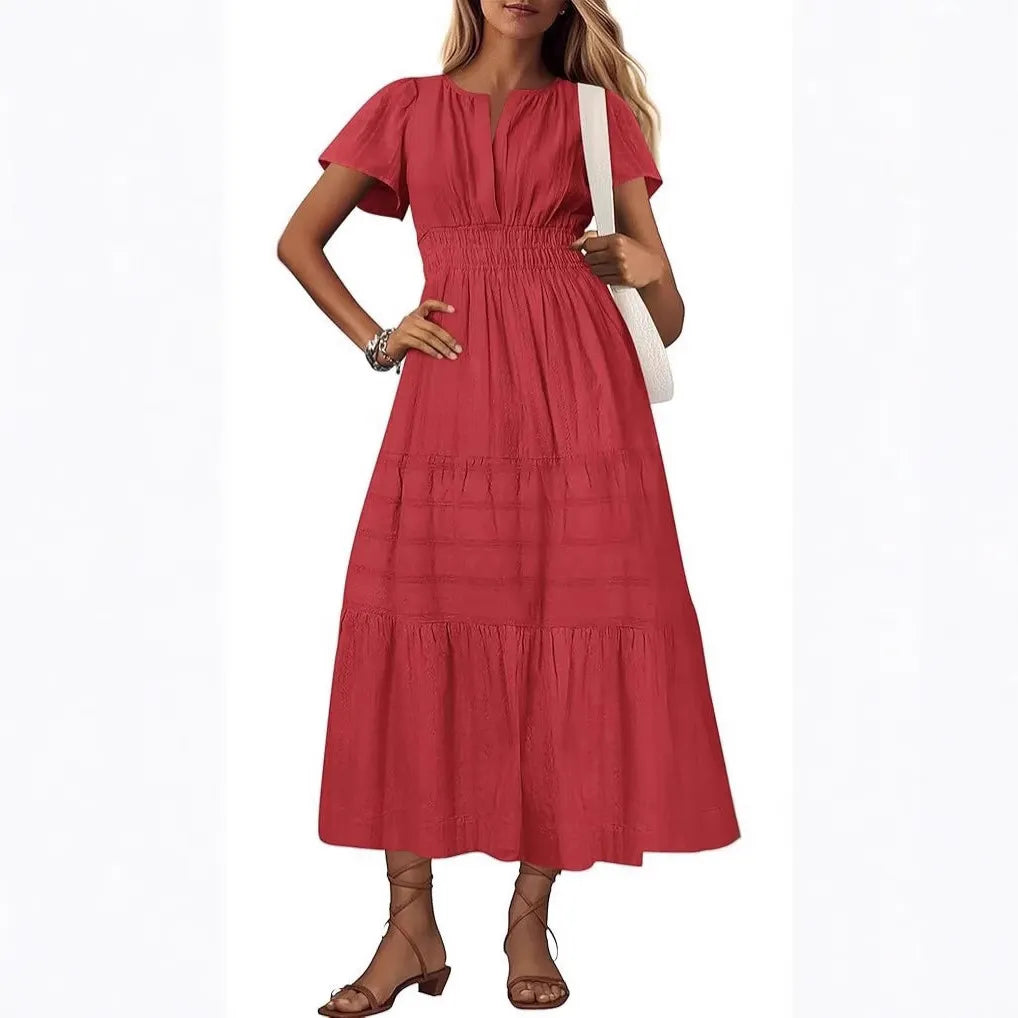 V-Neck Smocked Waist Tiered Maxi Dress