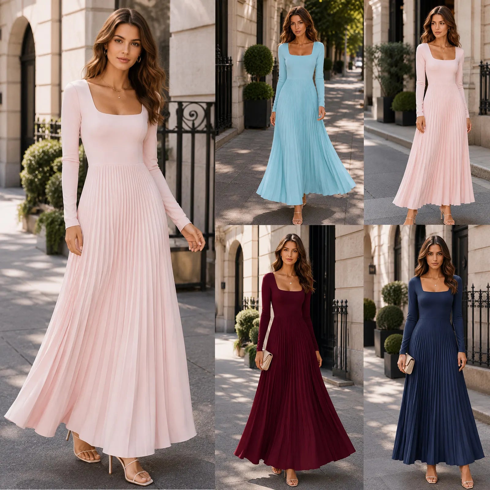 Square Neck Long Sleeve High Waist Pleated Maxi Dress Elegant Commuter Dress