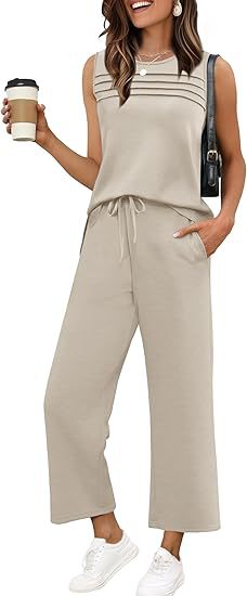 Solid Sleeveless Striped Detail Tank Top & Drawstring Cropped Pants