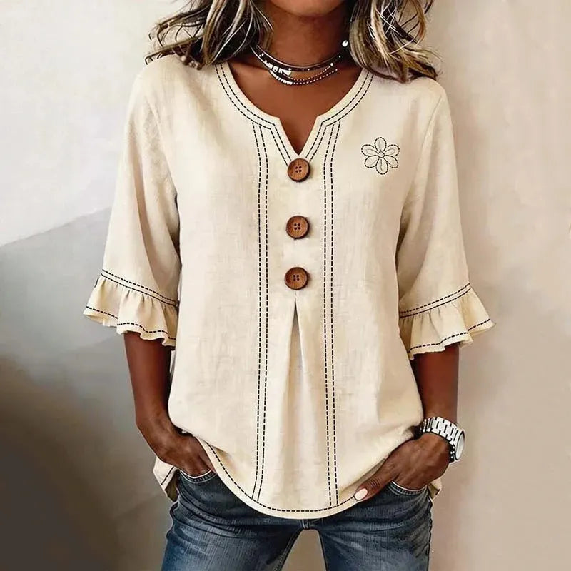 Round Neck Floral Printed Single Breasted 3/4 Ruffle Sleeve Loose Blouse