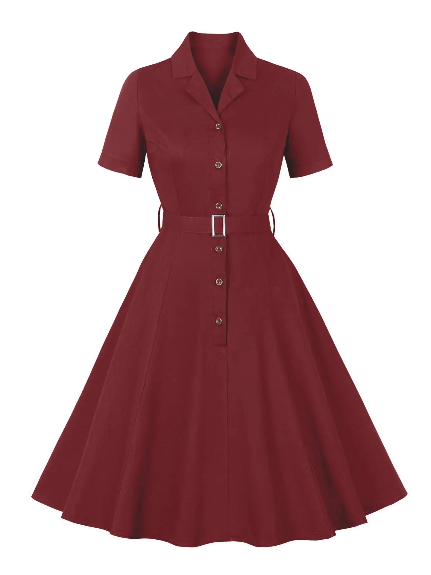 Lapel Short Sleeve Button Front Belted Vintage Swing Midi Dress