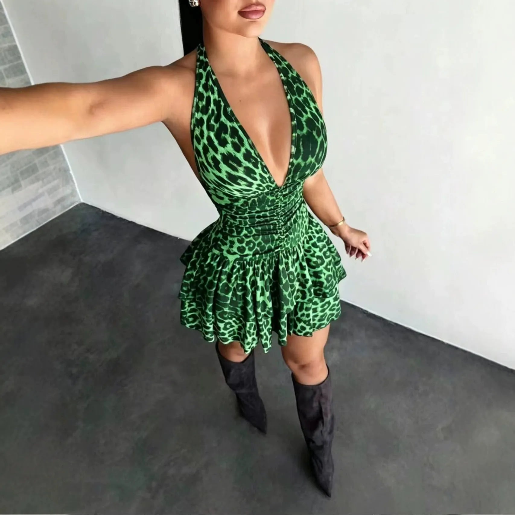Leopard Print Deep V-Neck Halter Ruched Ruffle Mini Dress