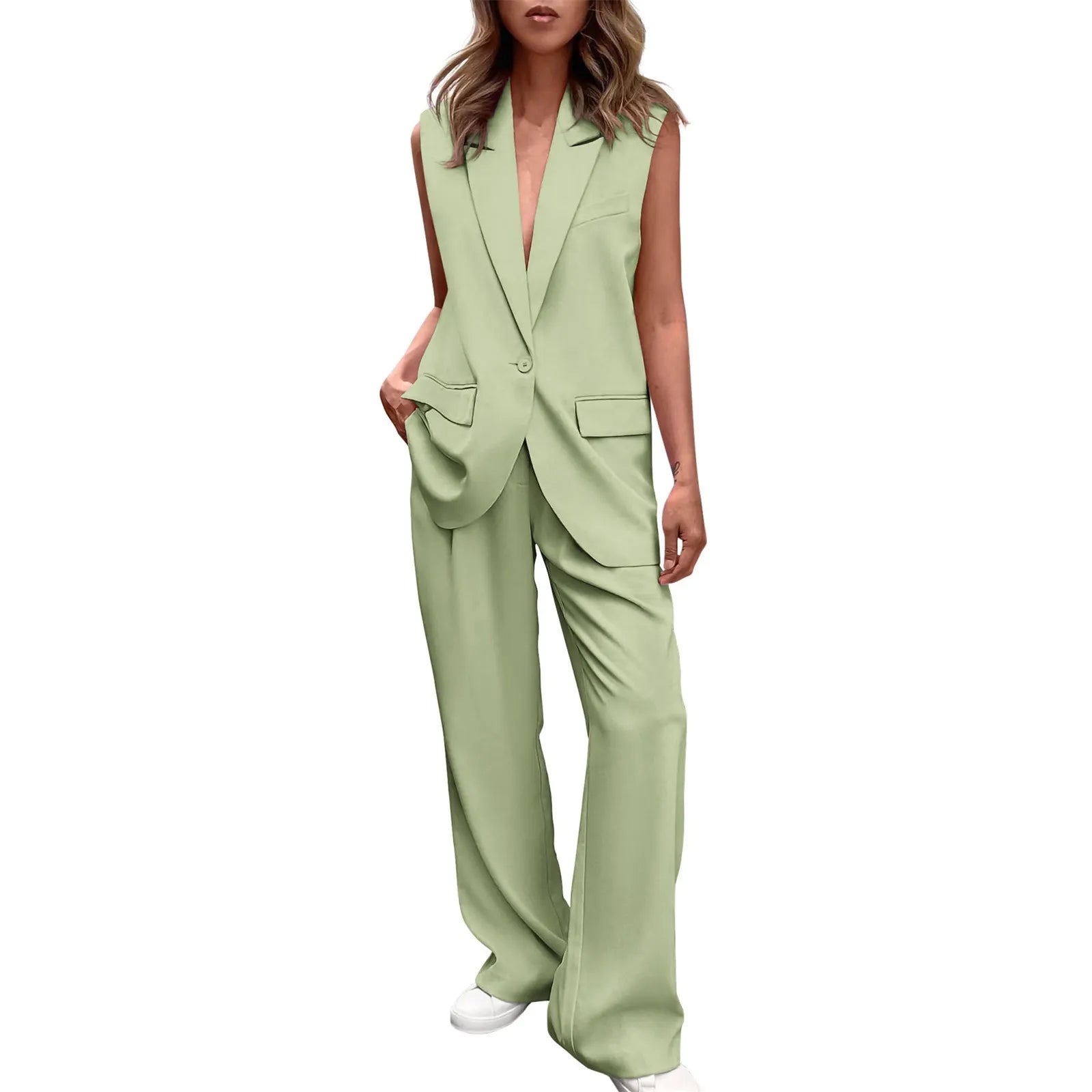 Sleeveless Blazer Vest Wide Leg Pants 2 Piece Suit Set
