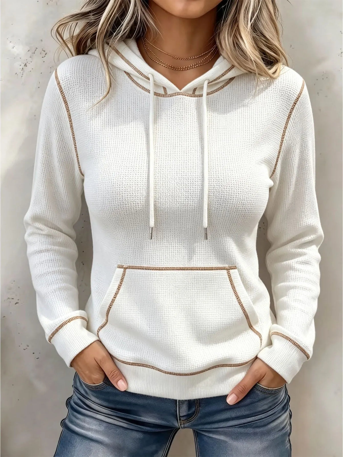 Casual White Waffle Knit Hoodie for Contrast Stitching Long Sleeve Pullover