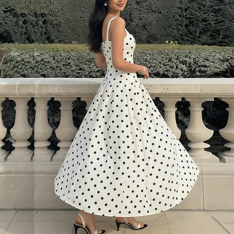Polka Dot Square Neck Sleeveless High Waist Maxi Dress