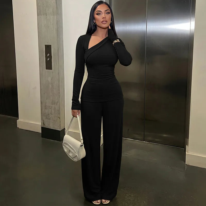 2 Piece Outfit Set Asymmetrical Wrap Long Sleeve Top & Split Flare Pants