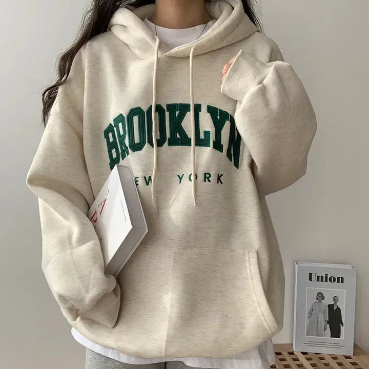 Brooklyn New York Letter Embossed Oversized Pullover Hoodie Casual Loose Sweatshirt