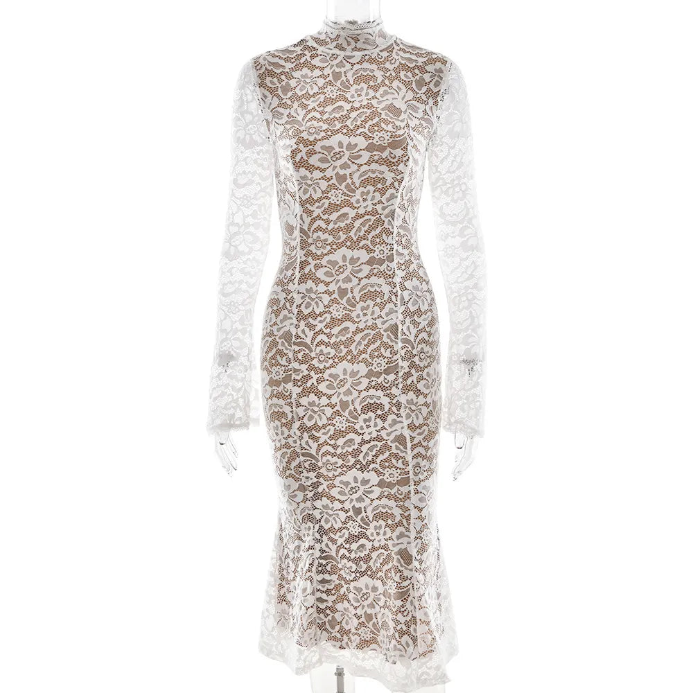 White Lace High Neck Midi Dress Long Sleeve Bodycon Mermaid Dress