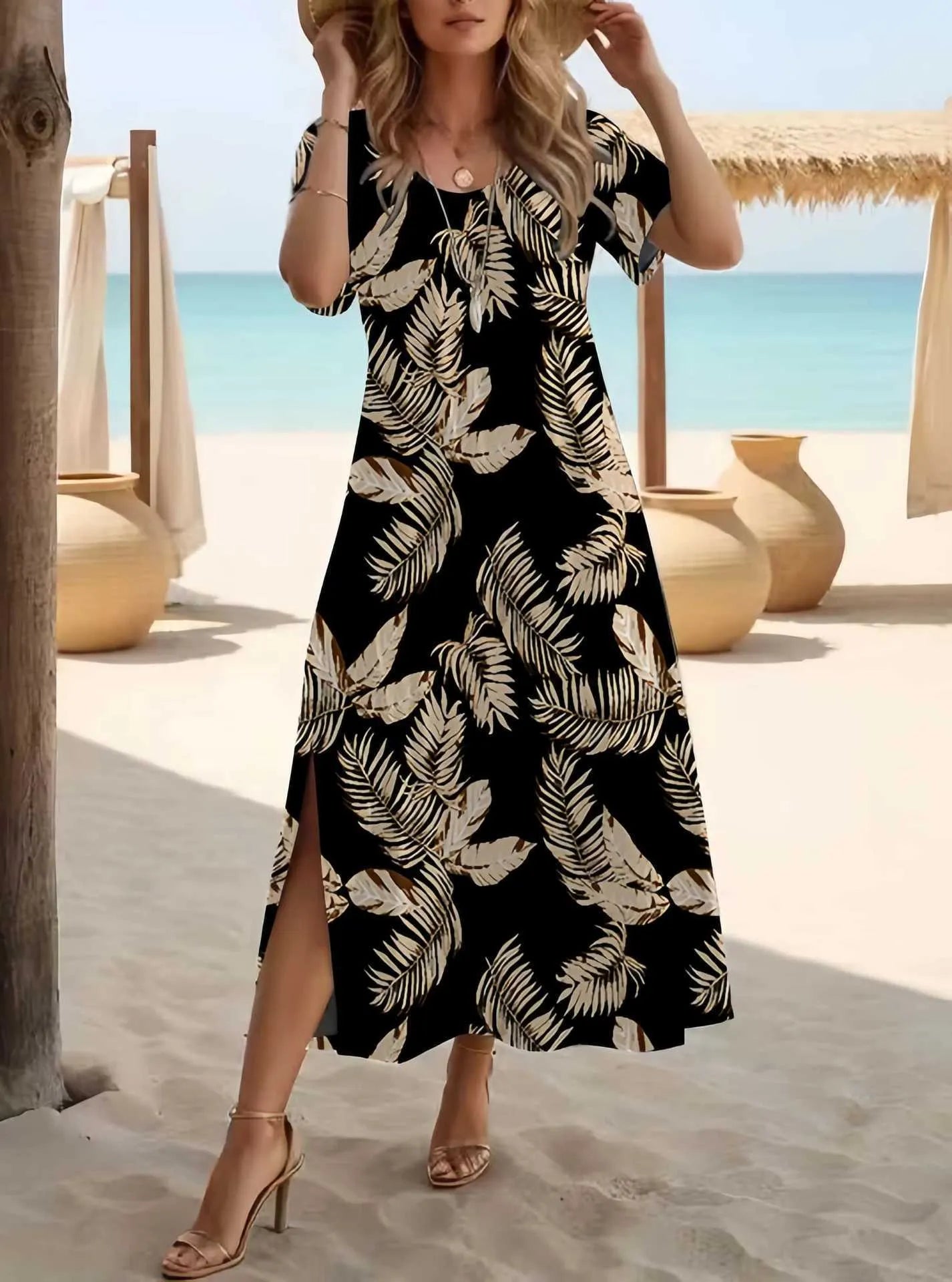 Floral Print Crew Neck Loose Split Maxi Dress