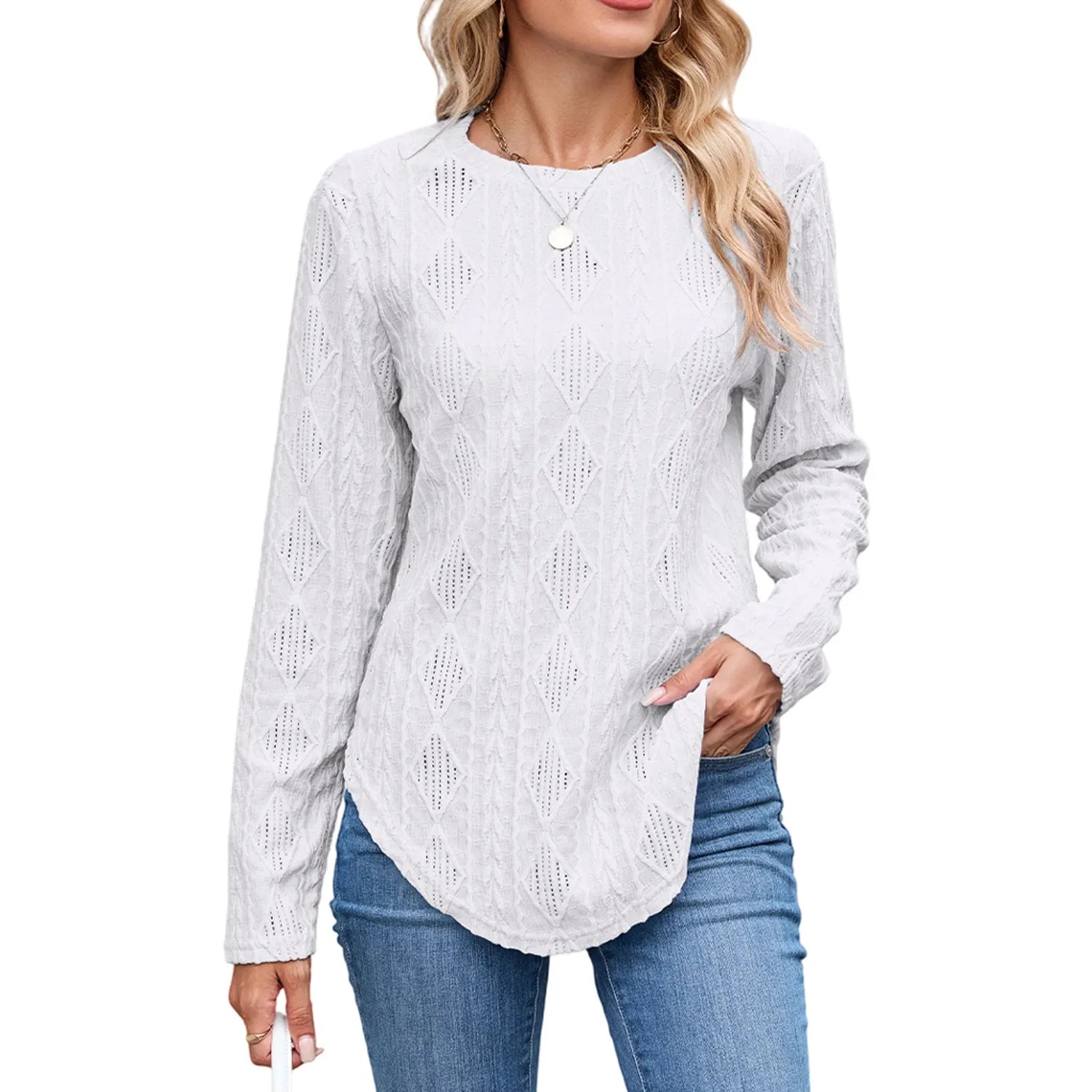Back Button Hollow Out Curved Hem Blouse