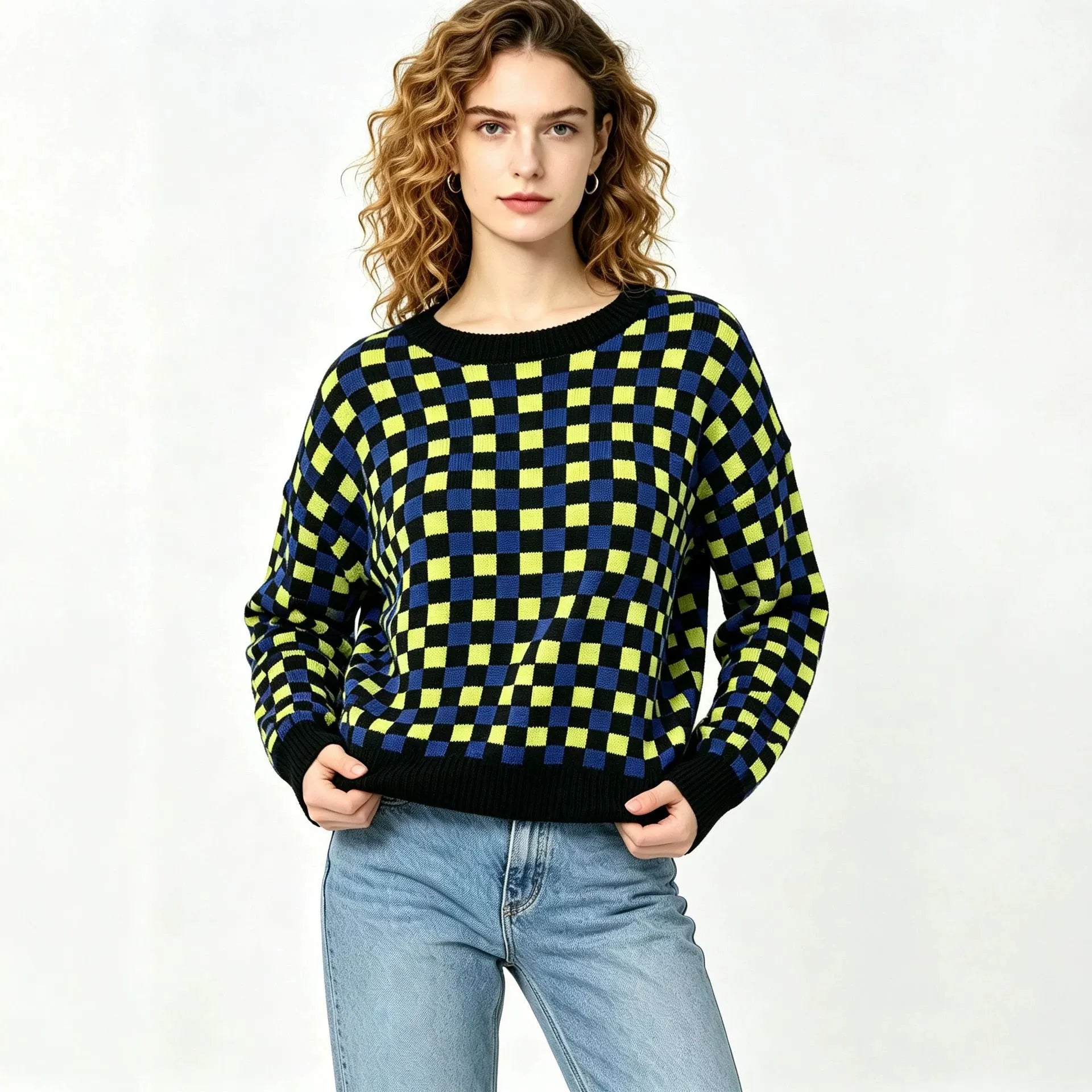 Color Block Checkerboard Jacquard Round Neck Pullover Sweater