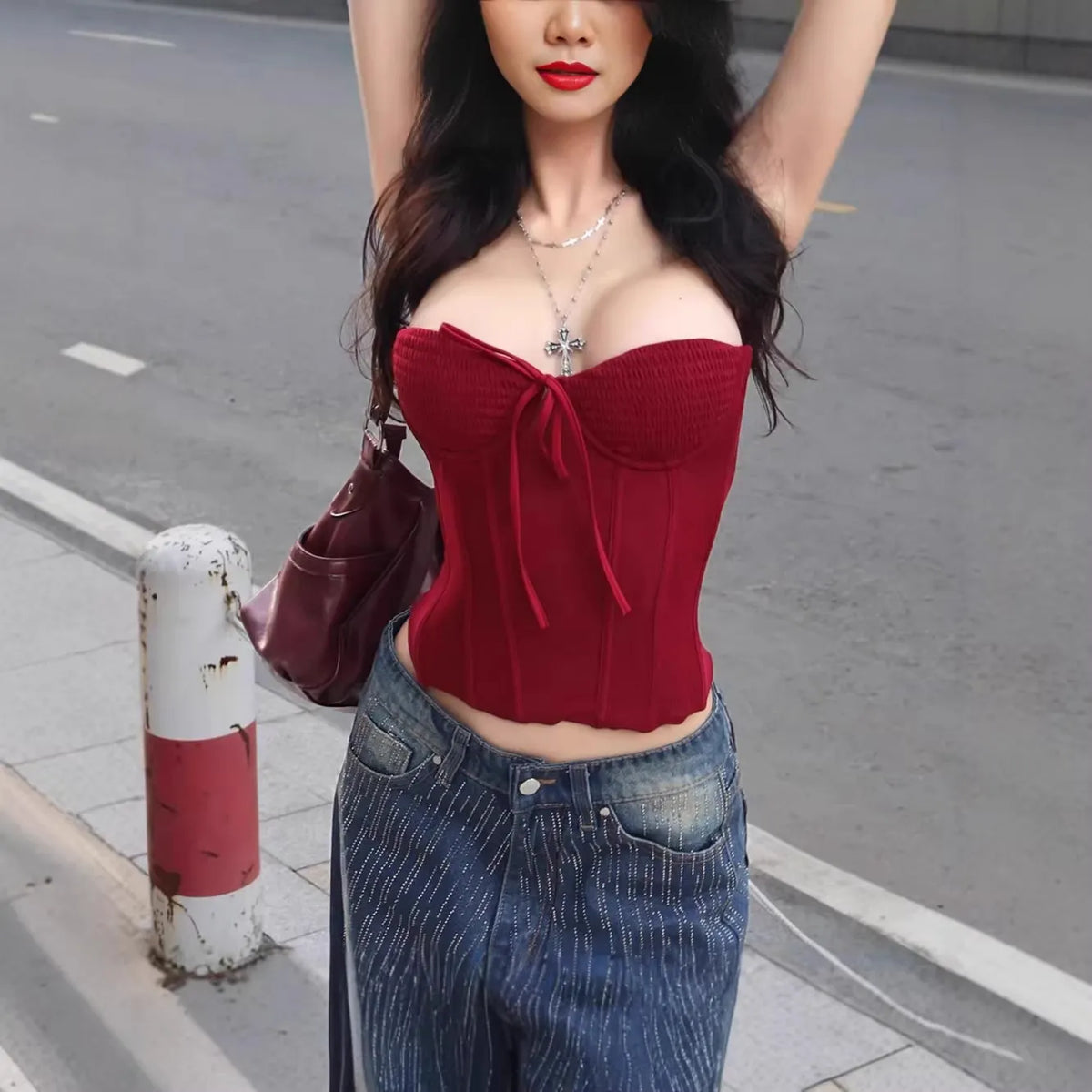 Strapless Smocked Front Bow Mesh Corset Tube Top