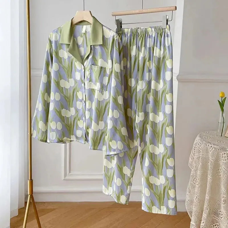 Cute Kitty Leopard Print Satin Ladies Sleepwear, 2 Piece Long Sleeve Top & Pants Pajamas