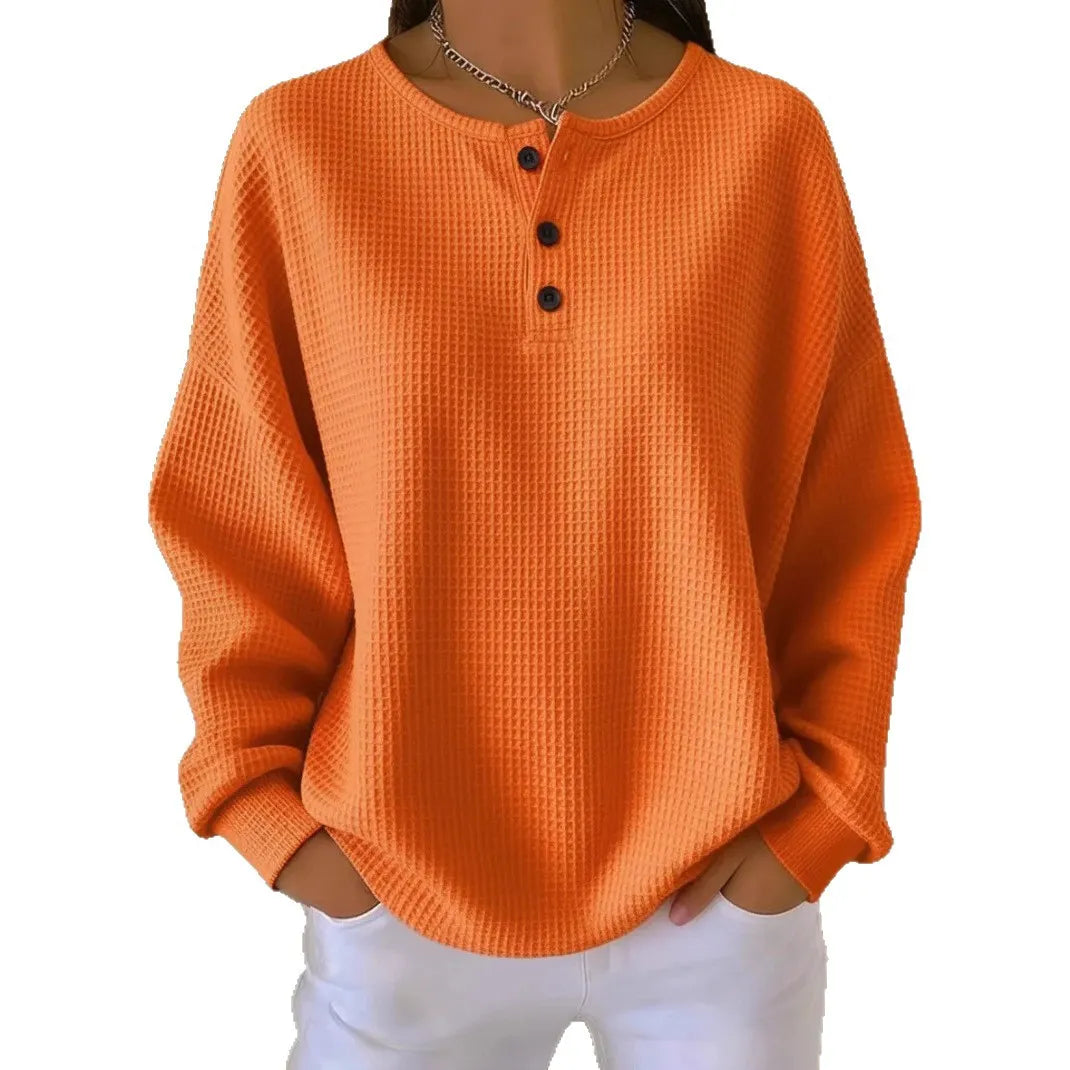 Casual Oversized Waffle Knit Top, Henley Button Neck Long Sleeve Tee