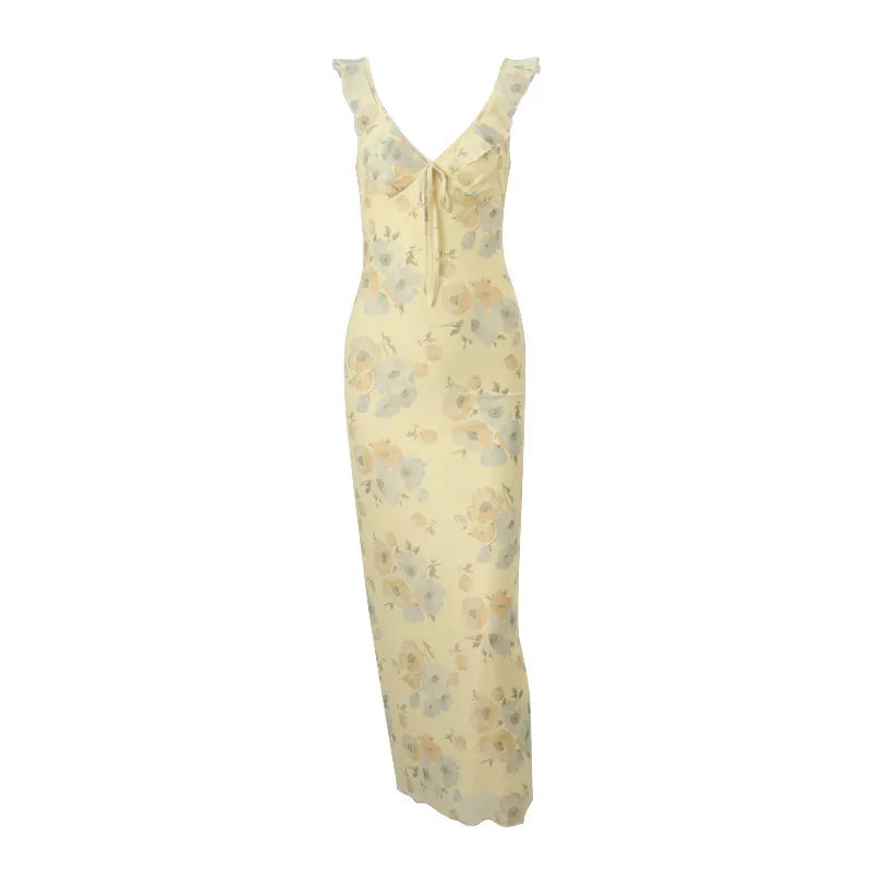 Yellow Floral Spaghetti Strap V-Neck Maxi Dress
