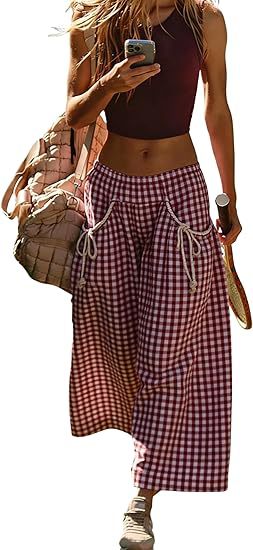 Plaid Drawstring Wide Leg Cropped Pants