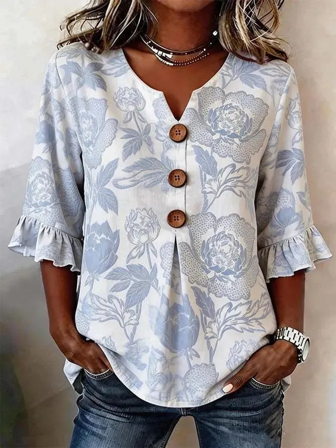 Round Neck Floral Printed Single Breasted 3/4 Ruffle Sleeve Loose Blouse